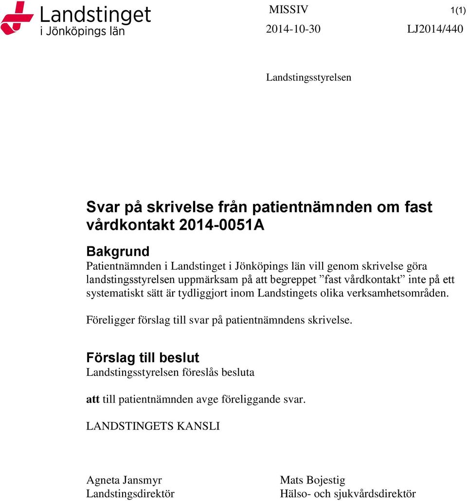 sätt är tydliggjort inom Landstingets olika verksamhetsområden. Föreligger förslag till svar på patientnämndens skrivelse.