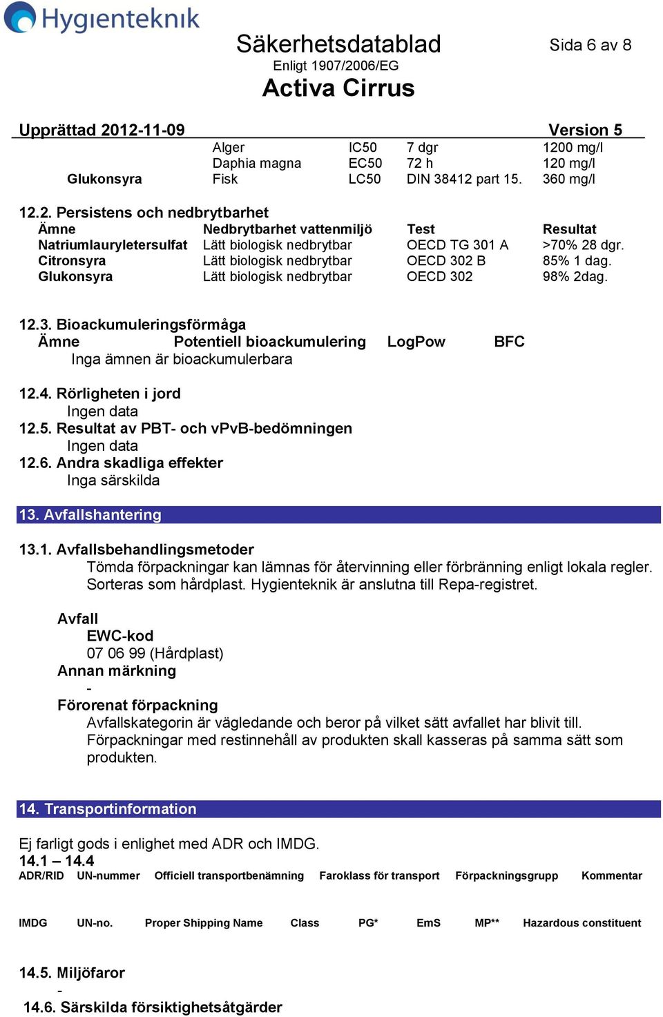 4. Rörligheten i jord 12.5. Resultat av PBT och vpvbbedömningen 12.6. Andra skadliga effekter 13. Avfallshantering 13.1. Avfallsbehandlingsmetoder Tömda förpackningar kan lämnas för återvinning eller förbränning enligt lokala regler.