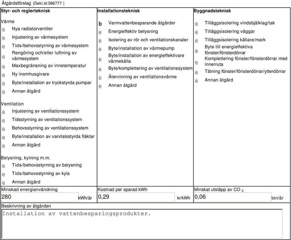 värmesystem Maxbegränsning av innetemperatur Ny inomhusgivare Byte/installation av tryckstyrda pumpar b Varmvattenbesparande åtgärder Energieffektiv belysning Isolering av rör och ventilationskanaler