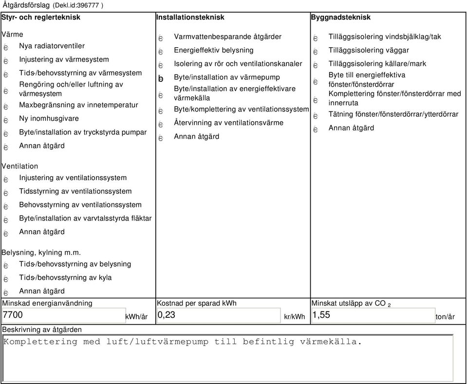 värmesystem Maxbegränsning av innetemperatur Ny inomhusgivare Byte/installation av tryckstyrda pumpar b Varmvattenbesparande åtgärder Energieffektiv belysning Isolering av rör och ventilationskanaler