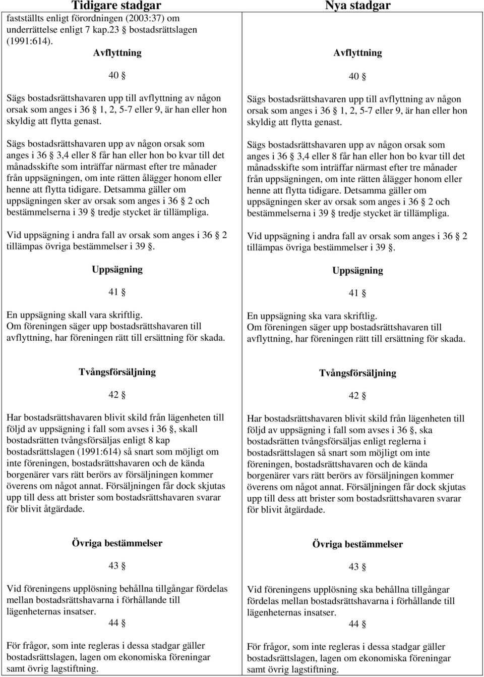 Sägs bostadsrättshavaren upp av någon orsak som anges i 36 3,4 eller 8 får han eller hon bo kvar till det månadsskifte som inträffar närmast efter tre månader från uppsägningen, om inte rätten