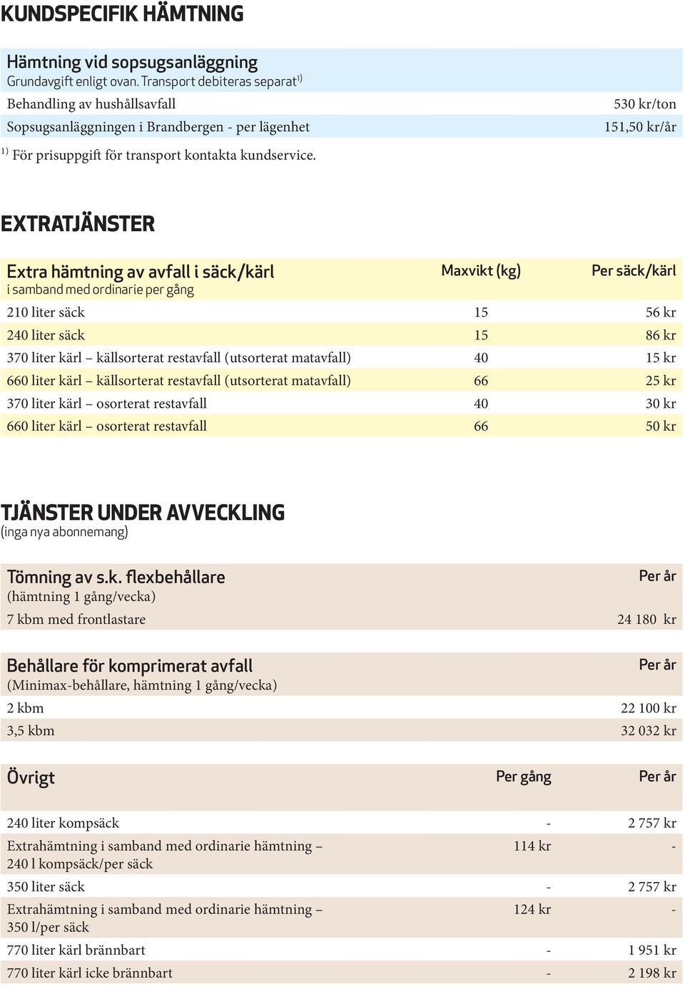 EXTRATJÄNSTER Extra hämtning av avfall i säck/kärl i samband med ordinarie per gång Per säck/kärl 210 liter säck 15 56 kr 240 liter säck 15 86 kr 370 liter kärl källsorterat restavfall (utsorterat