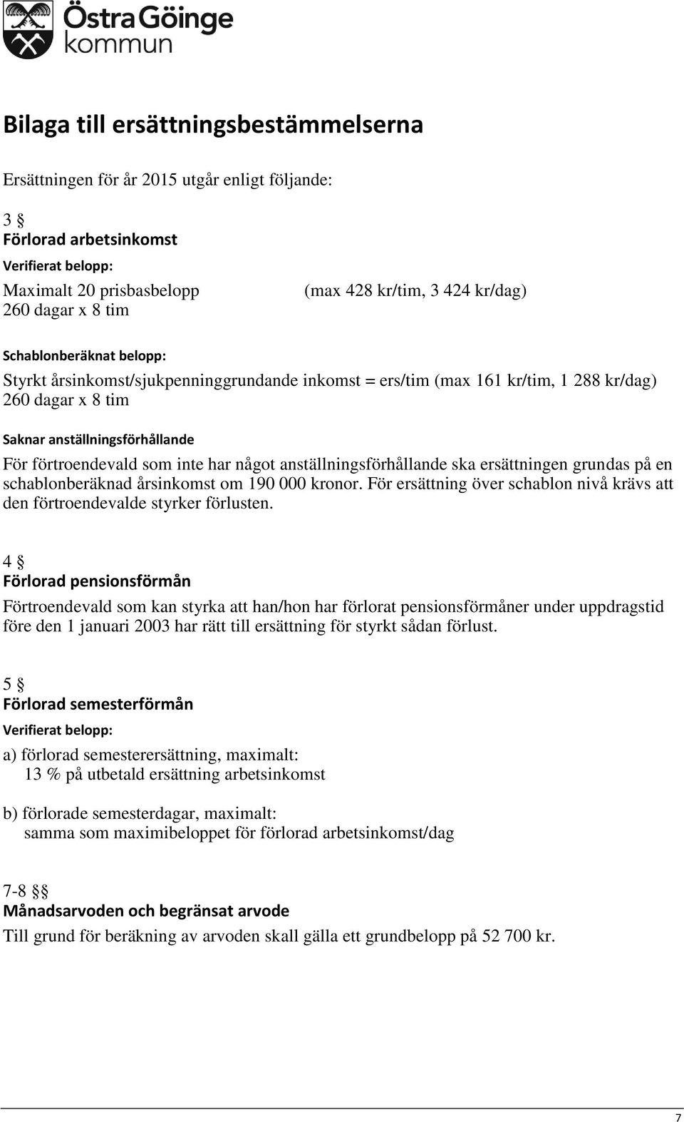 har något anställningsförhållande ska ersättningen grundas på en schablonberäknad årsinkomst om 190 000 kronor. För ersättning över schablon nivå krävs att den förtroendevalde styrker förlusten.