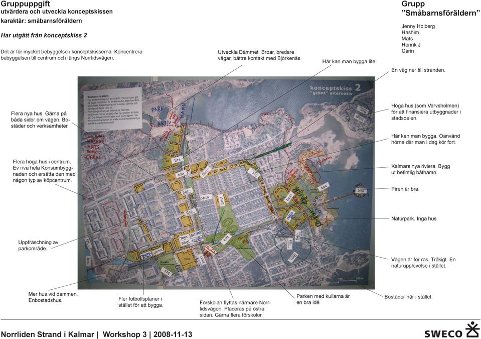 Gärna på båda sidor om vägen. Bostäder och verksamheter. Höga hus (som Varvsholmen) för att finansiera utbyggnader i stadsdelen. Här kan man bygga. Oanvänd hörna där man i dag kör fort.