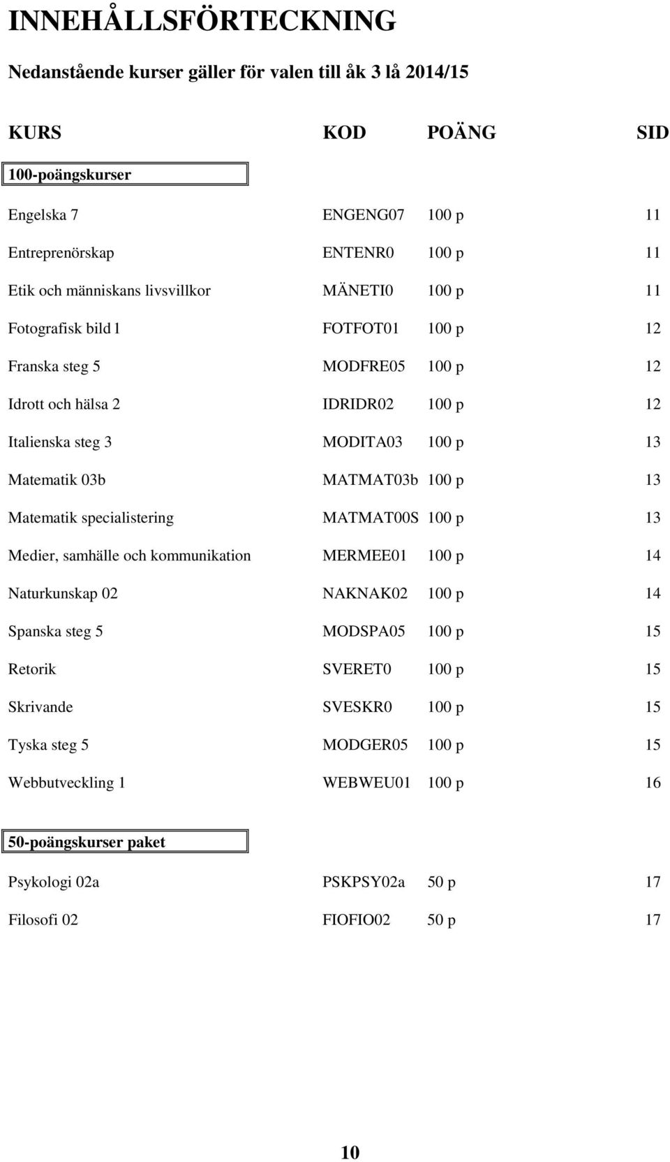 03b MATMAT03b 100 p 13 Matematik specialistering MATMAT00S 100 p 13 Medier, samhälle och kommunikation MERMEE01 100 p 14 Naturkunskap 02 NAKNAK02 100 p 14 Spanska steg 5 MODSPA05 100 p 15