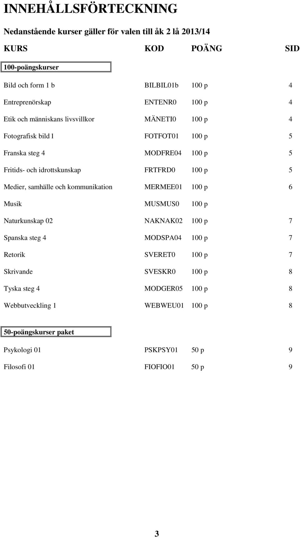 100 p 5 Medier, samhälle och kommunikation MERMEE01 100 p 6 Musik MUSMUS0 100 p Naturkunskap 02 NAKNAK02 100 p 7 Spanska steg 4 MODSPA04 100 p 7 Retorik SVERET0 100 p 7