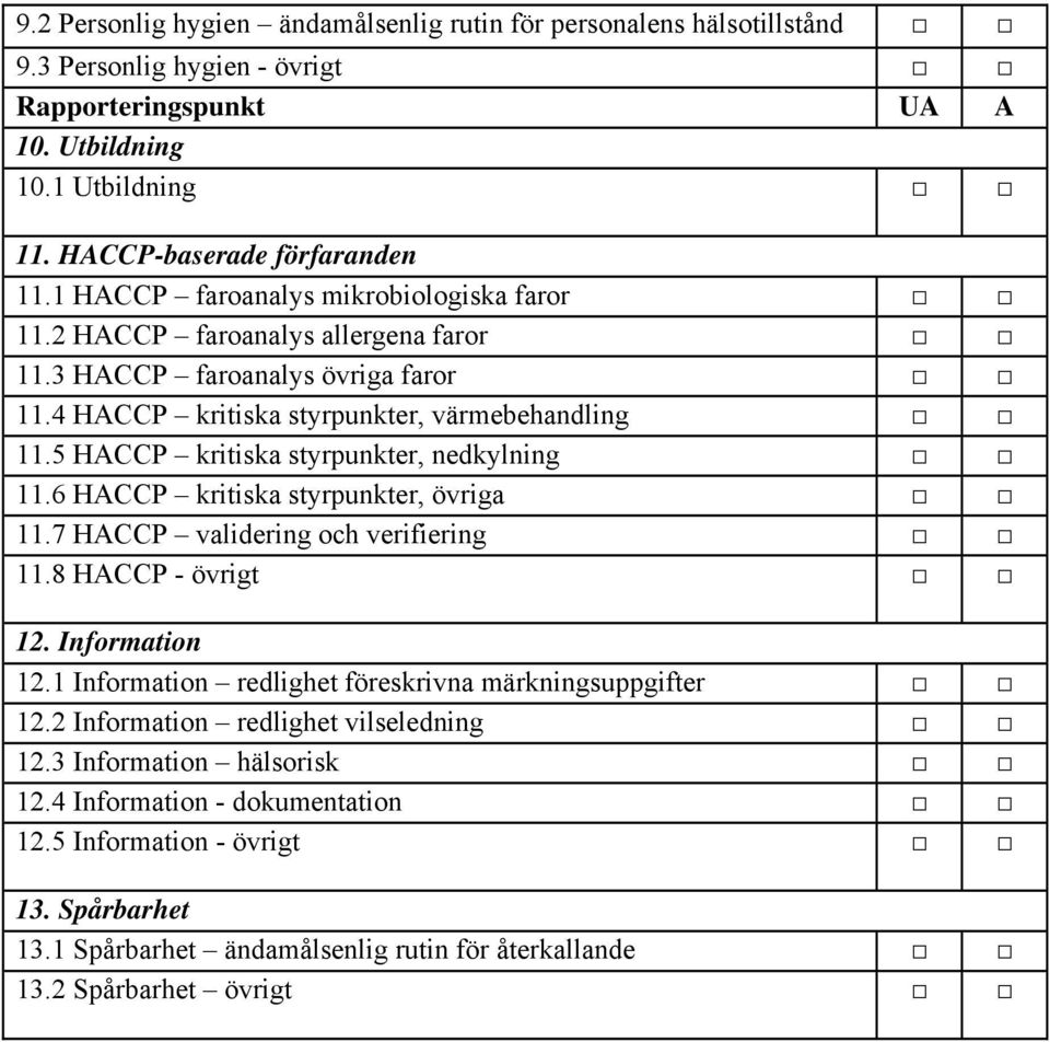 5 HACCP kritiska styrpunkter, nedkylning 11.6 HACCP kritiska styrpunkter, övriga 11.7 HACCP validering och verifiering 11.8 HACCP - övrigt 12. Information 12.