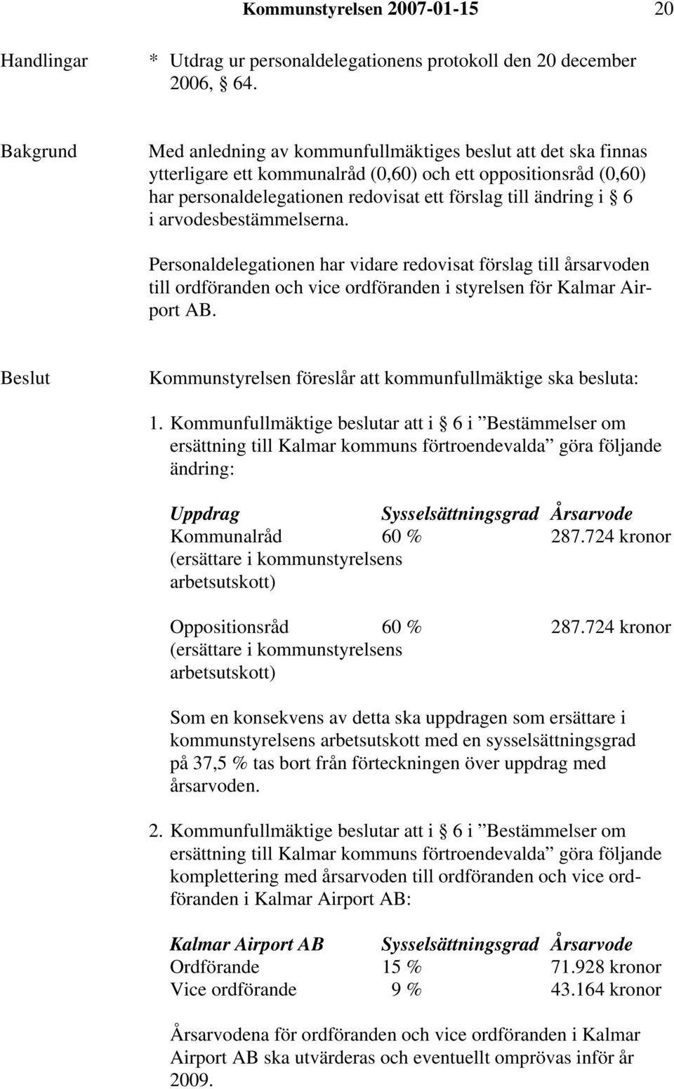 arvodesbestämmelserna. Personaldelegationen har vidare redovisat förslag till årsarvoden till ordföranden och vice ordföranden i styrelsen för Kalmar Airport AB.