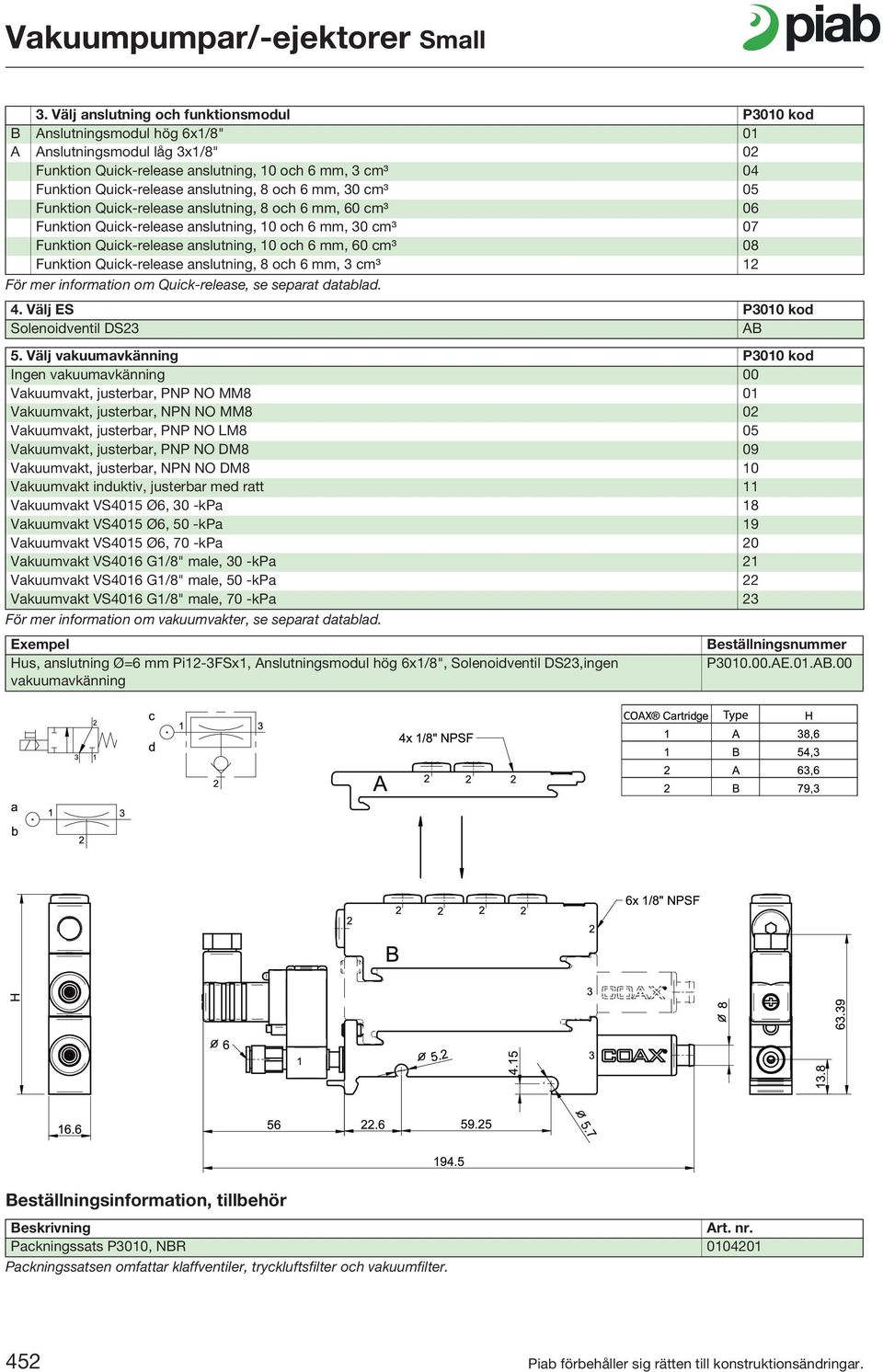 8 och 6 mm, 3 cm3 12 För mer information om Quick-release, se separat datablad. 4. Välj ES P3010 kod Solenoidventil DS23 5.