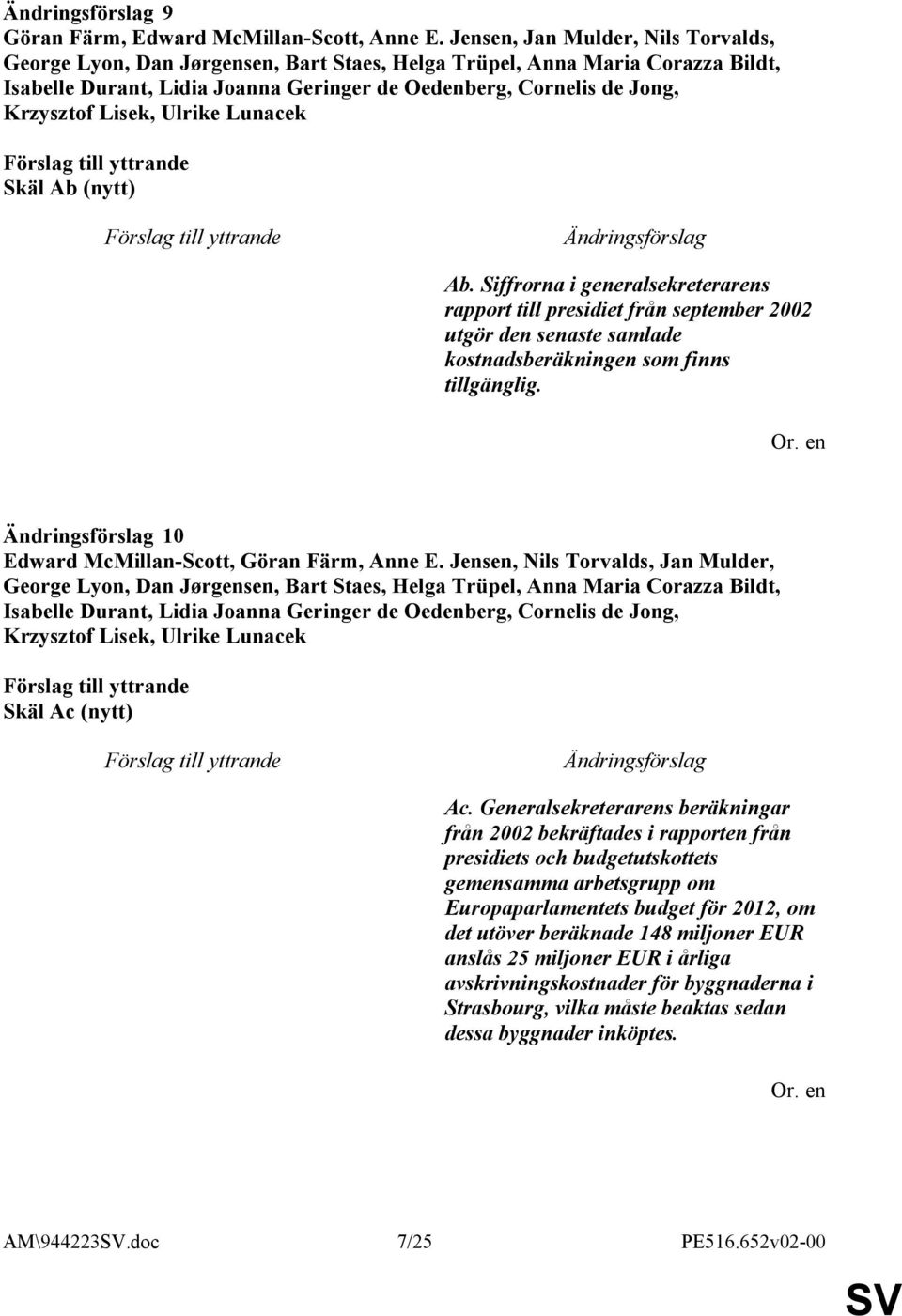 Lisek, Ulrike Lunacek Skäl Ab (nytt) Ab. Siffrorna i generalsekreterarens rapport till presidiet från september 2002 utgör den senaste samlade kostnadsberäkningen som finns tillgänglig.