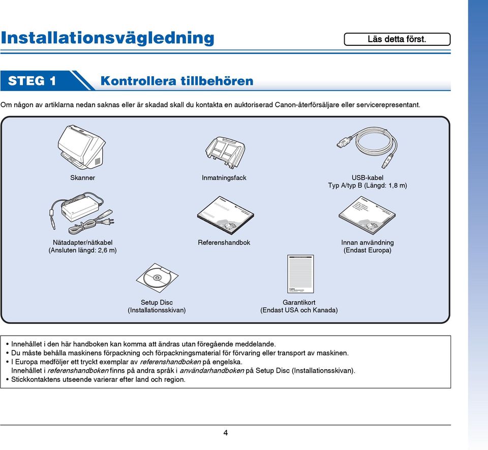 Skanner Inmatningsfack USB-kabel Typ A/typ B (Längd: 1,8 m) Avant l utilisation Vor dem Gebrauch Antes de la utilización Prima dell uso Voor gebruik Nätadapter/nätkabel (Ansluten längd: 2,6 m)
