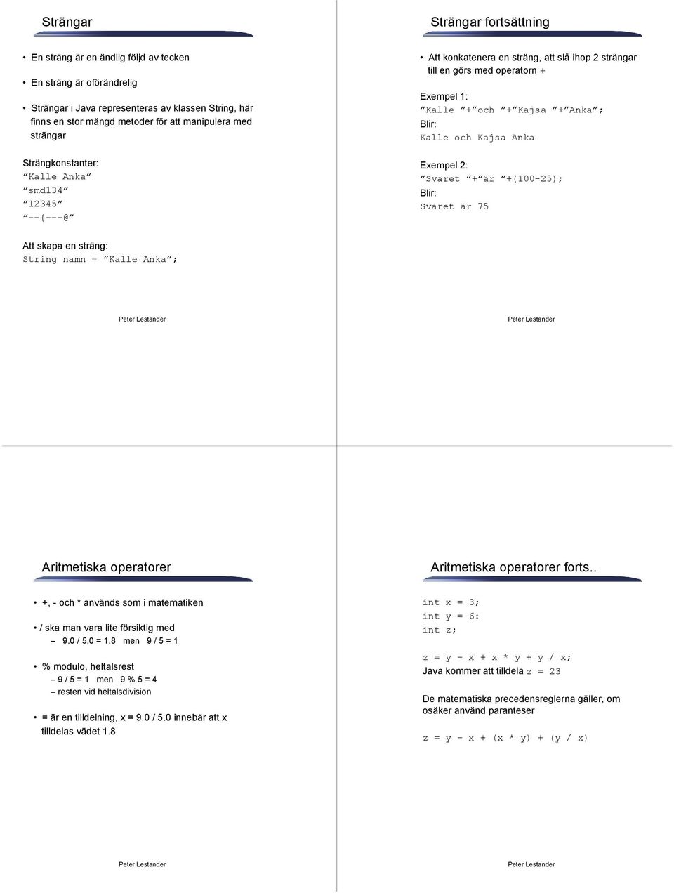 Kajsa Anka Exempel 2: Svaret + är +(100-25); Blir: Svaret är 75 Att skapa en sträng: String namn = Kalle Anka ; Aritmetiska operatorer Aritmetiska operatorer forts.