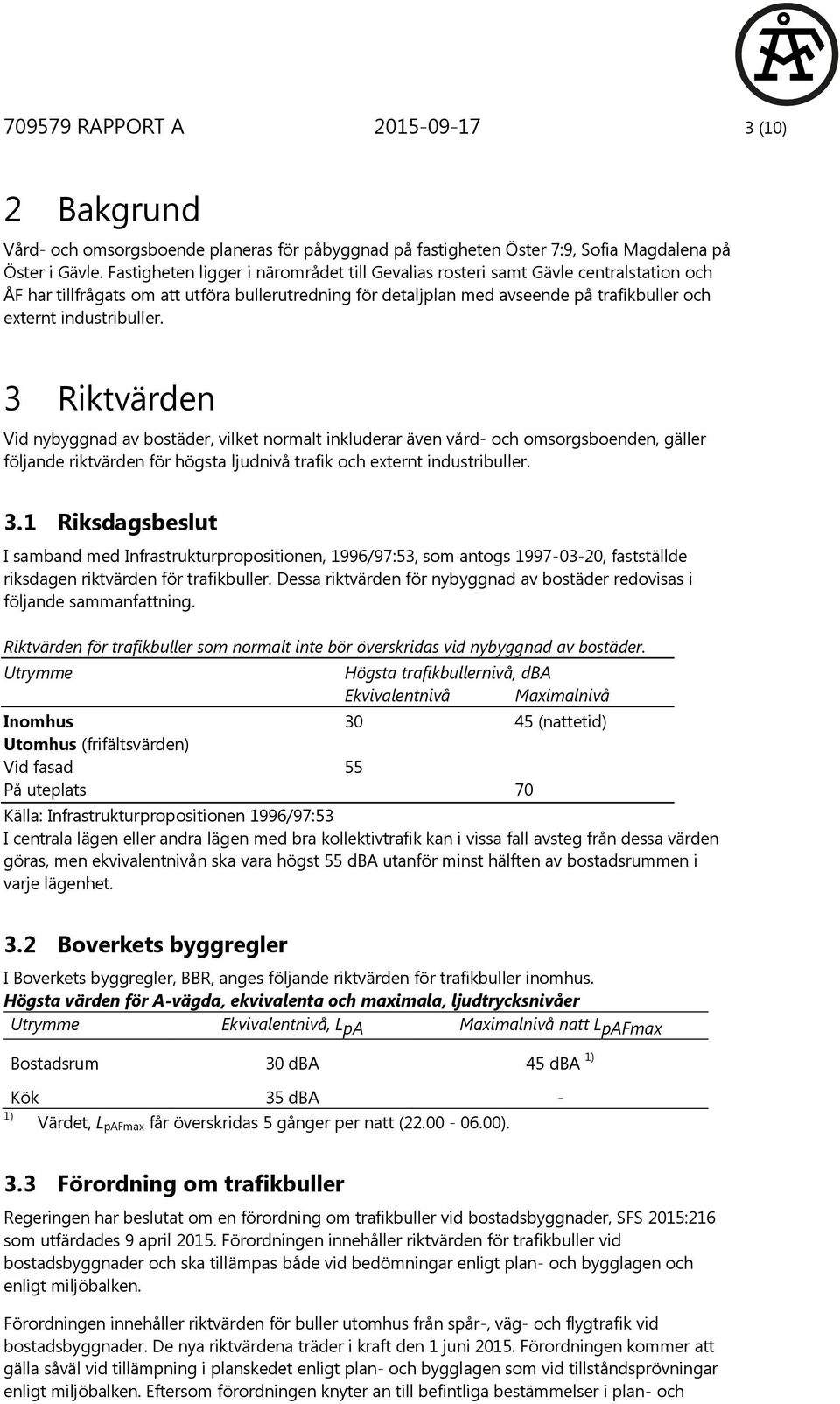 industribuller. 3 Riktvärden Vid nybyggnad av bostäder, vilket normalt inkluderar även vård- och omsorgsboenden, gäller följande riktvärden för högsta ljudnivå trafik och externt industribuller. 3.1 Riksdagsbeslut I samband med Infrastrukturpropositionen, 1996/97:53, som antogs 1997-03-20, fastställde riksdagen riktvärden för trafikbuller.