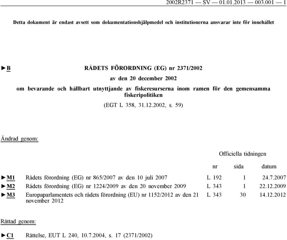om bevarande och hållbart utnyttjande av fiskeresurserna inom ramen för den gemensamma fiskeripolitiken (EGT L 358, 31.12.2002, s.