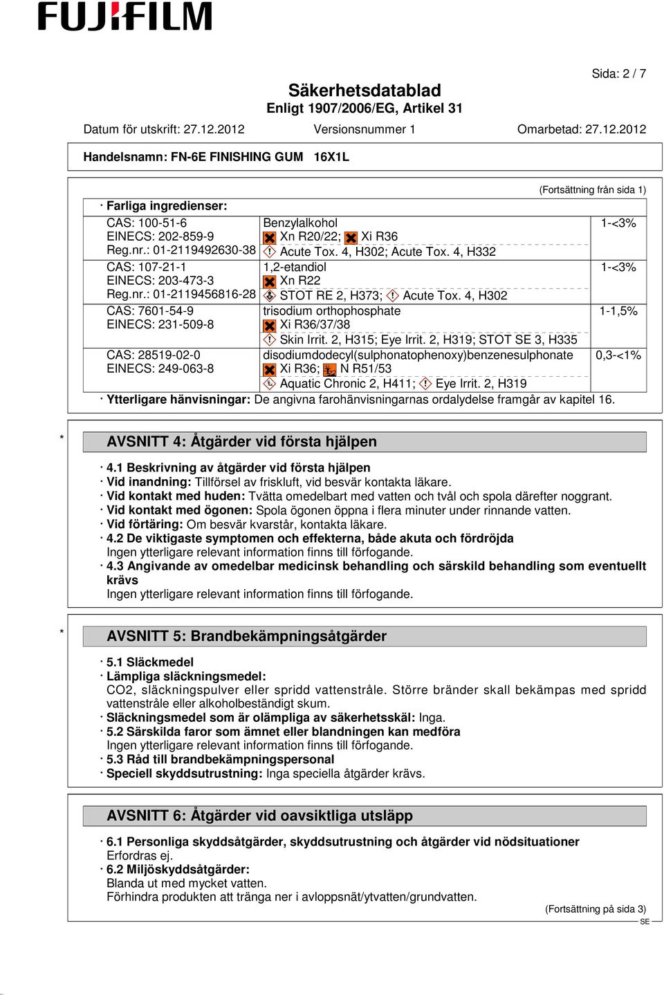 4, H302; Acute Tox. 4, H332 1,2-etandiol Xn R22 STOT RE 2, H373; Acute Tox. 4, H302 trisodium orthophosphate Xi R36/37/38 Skin Irrit. 2, H315; Eye Irrit.