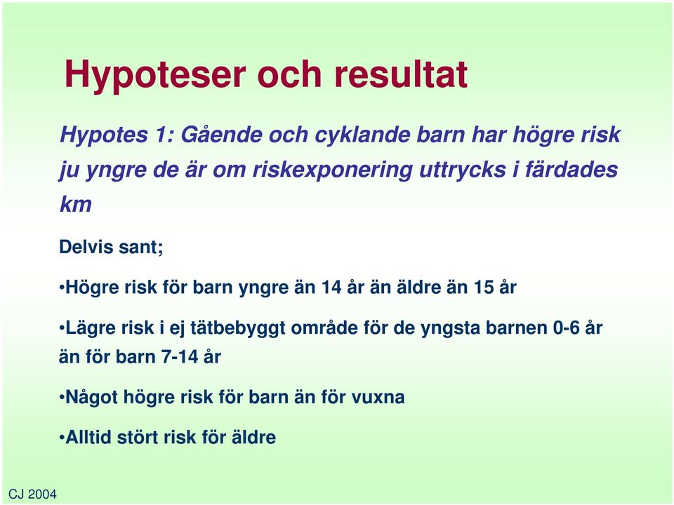 14 år än äldre än 15 år Lägre risk i ej tätbebyggt område för de yngsta barnen 0-6 år