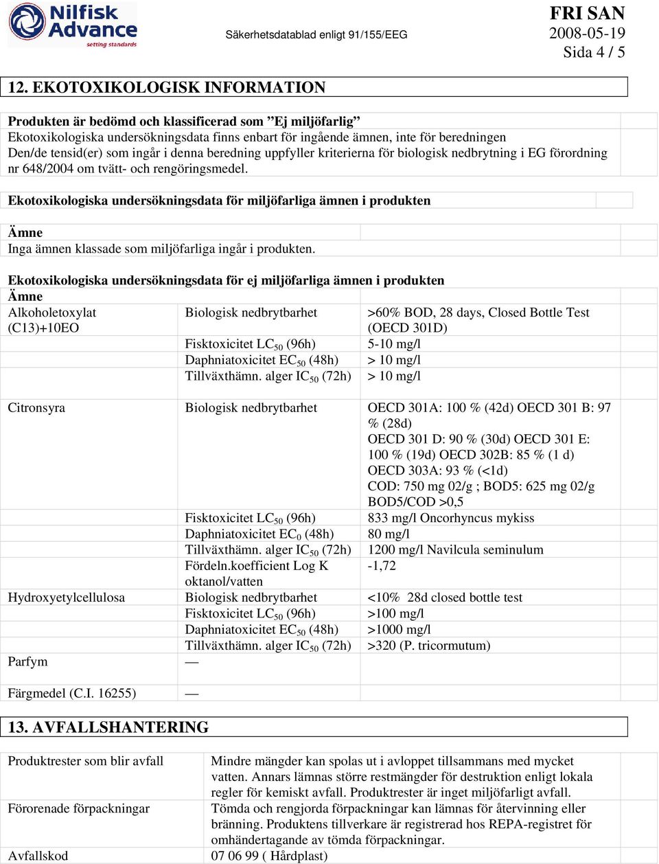 Ekotoxikologiska undersökningsdata för miljöfarliga ämnen i produkten Inga ämnen klassade som miljöfarliga ingår i produkten.