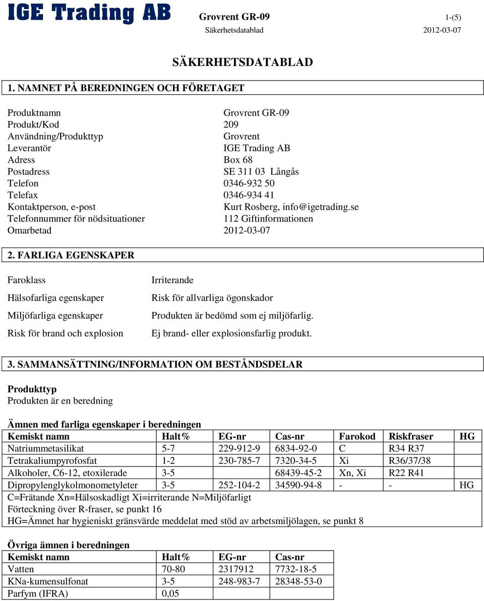 Telefax 0346-934 41 Kontaktperson, e-post Kurt Rosberg, info@igetrading.se Telefonnummer för nödsituationer 112 Giftinformationen Omarbetad 2012-03-07 2.