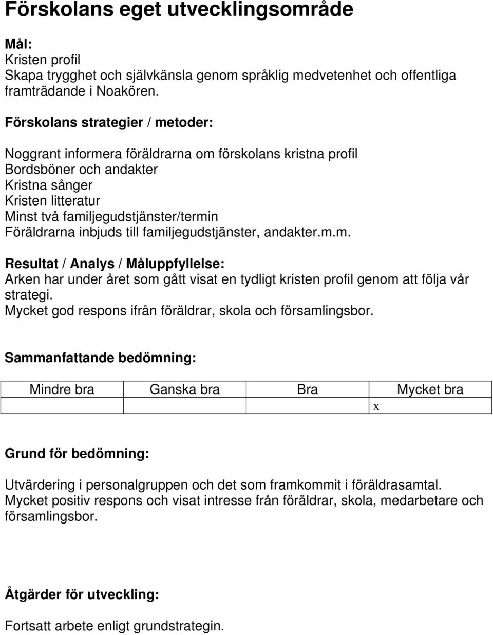 inbjuds till familjegudstjänster, andakter.m.m. Resultat / Analys / Måluppfyllelse: Arken har under året som gått visat en tydligt kristen profil genom att följa vår strategi.