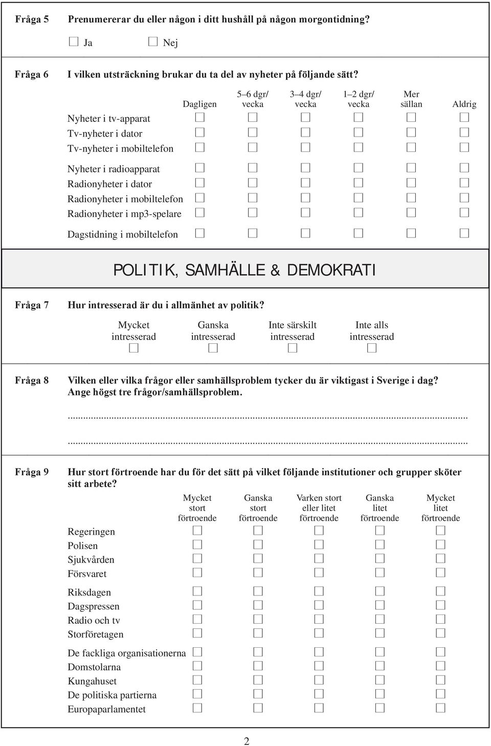 mobiltelefon Radionyheter i mp3-spelare Dagstidning i mobiltelefon POLITIK, SAMHÄLLE & DEMOKRATI Fråga 7 Hur intresserad är du i allmänhet av politik?