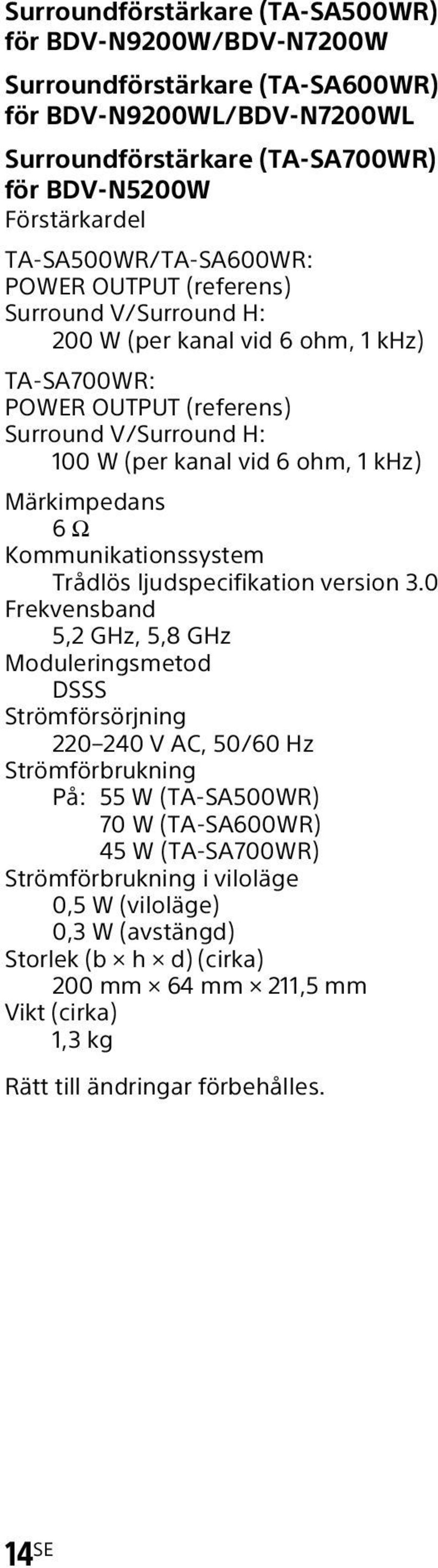 ohm, 1 khz) Märkimpedans 6 Ω Kommunikationssystem Trådlös ljudspecifikation version 3.