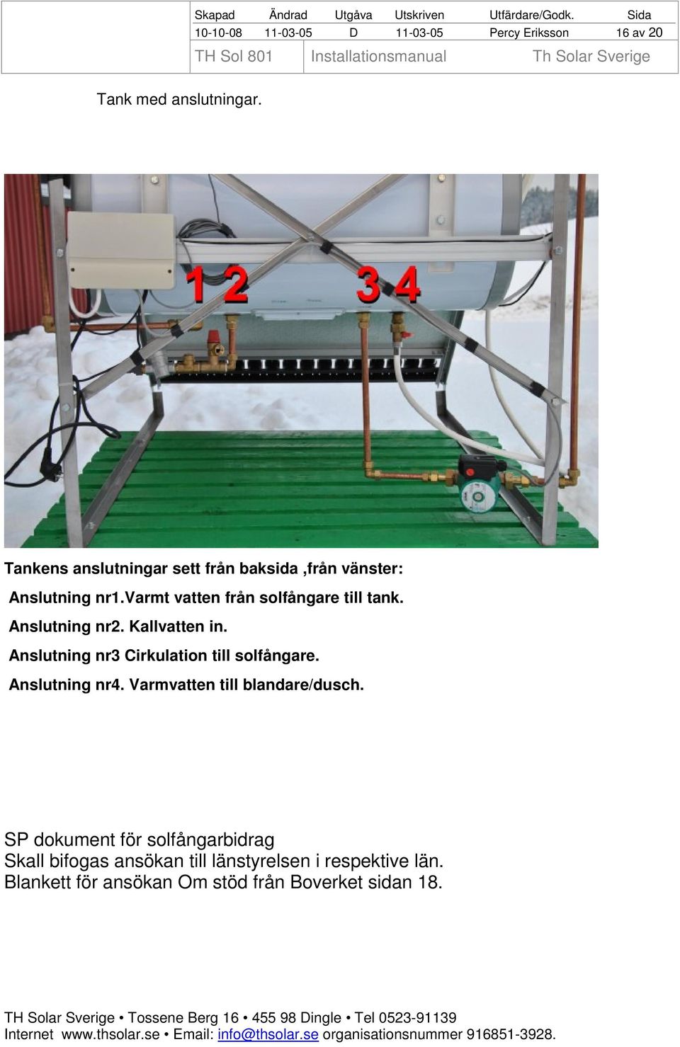 Anslutning nr2. Kallvatten in. Anslutning nr3 Cirkulation till solfångare. Anslutning nr4.