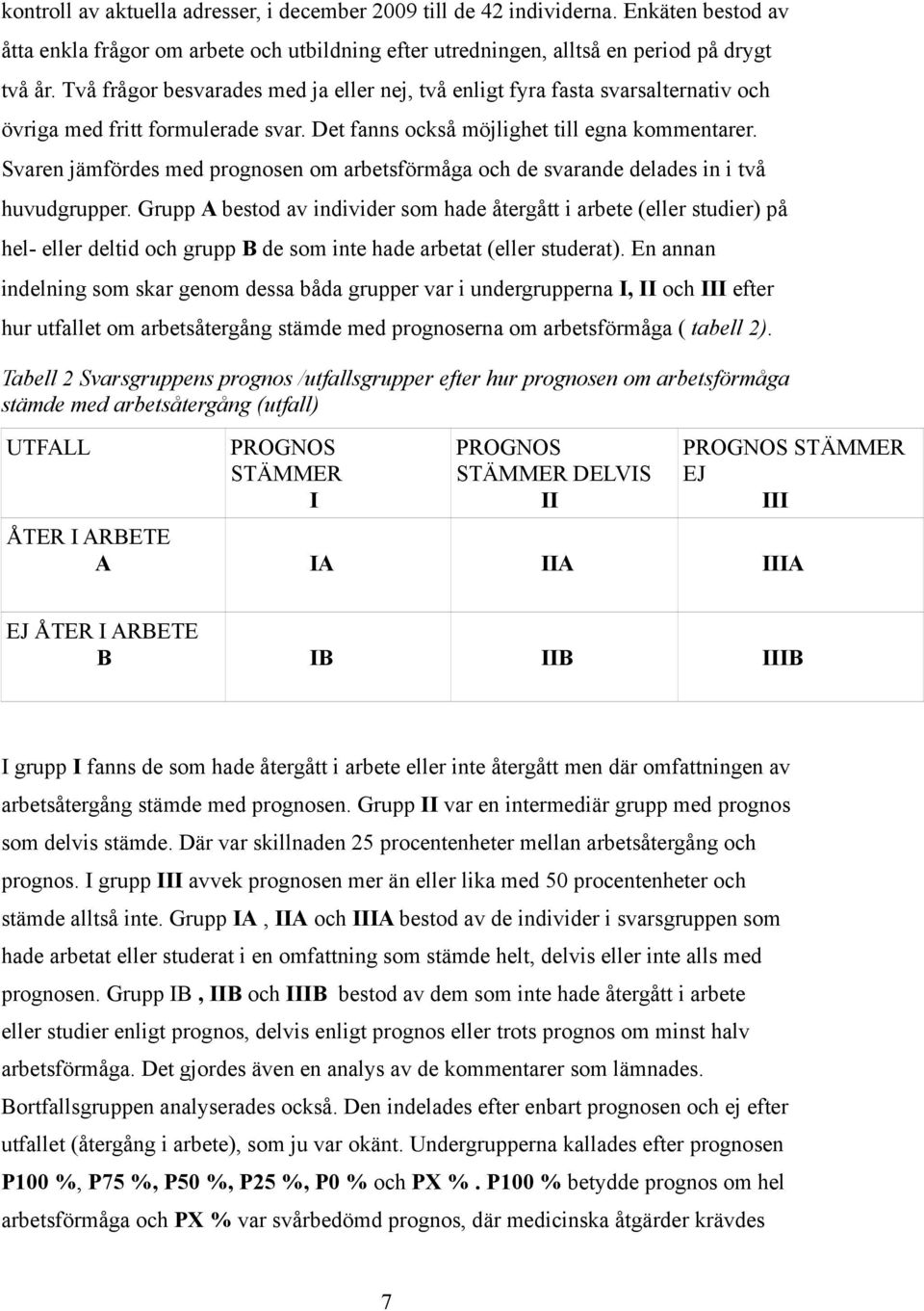 Svaren jämfördes med prognosen om arbetsförmåga och de svarande delades in i två huvudgrupper.