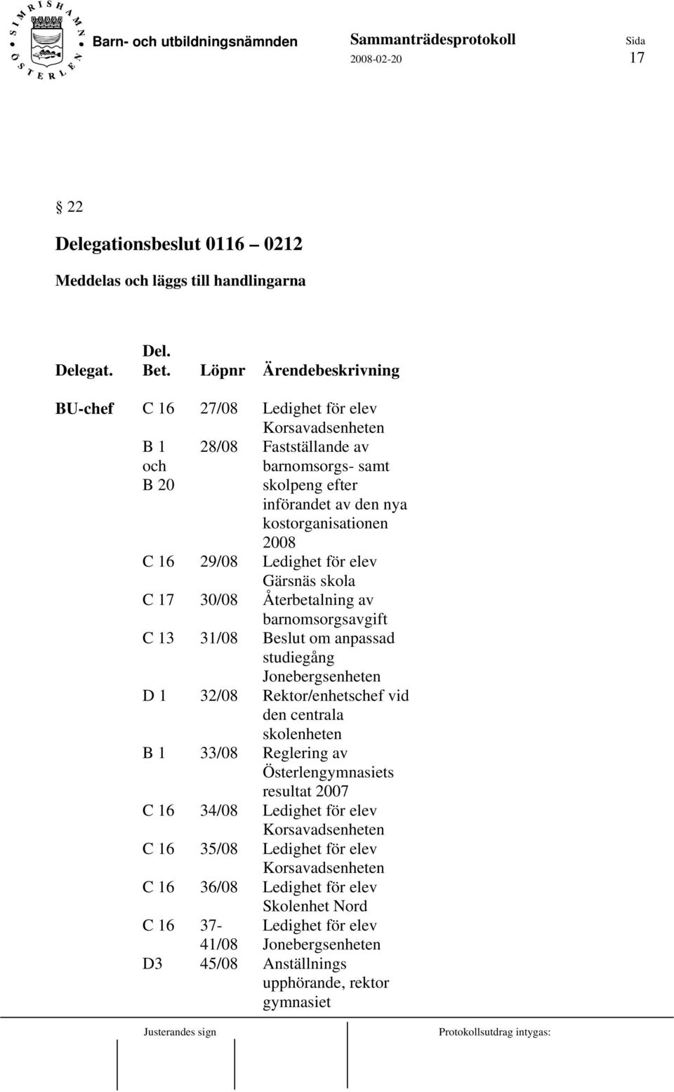 Fastställande av barnomsorgs- samt skolpeng efter införandet av den nya kostorganisationen 2008 Ledighet för elev Gärsnäs skola Återbetalning av barnomsorgsavgift Beslut om anpassad studiegång