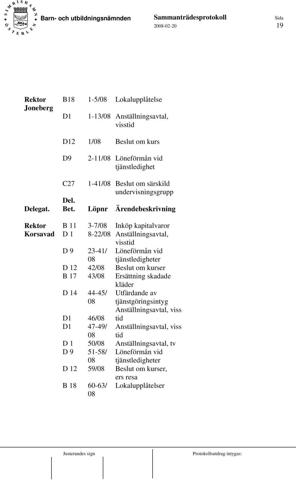 Löpnr Rektor Korsavad B 11 D 1 D 9 D 12 B 17 D 14 D1 D1 D 1 D 9 D 12 B 18 3-7/08 8-22/08 23-41/ 08 42/08 43/08 44-45/ 08 46/08 47-49/ 08 50/08 51-58/ 08 59/08 60-63/ 08 Inköp