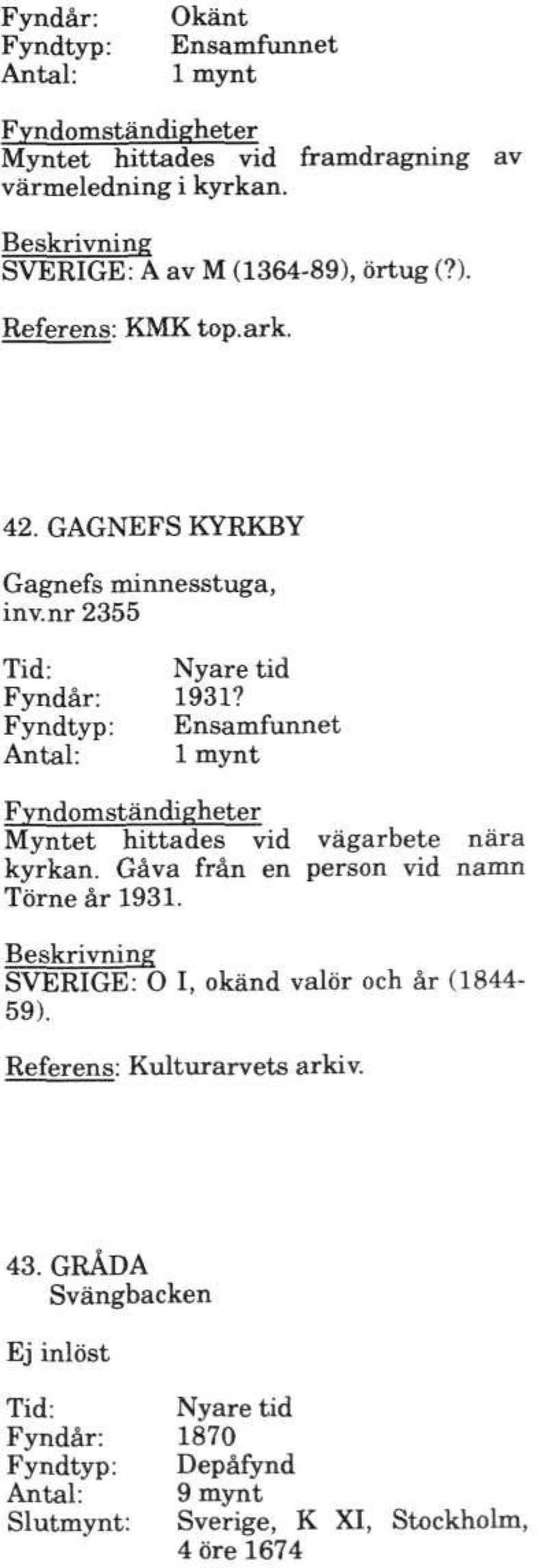 Myntet hittades vid vägarbete nära kyrkan. Gåva från en person vid namn Törne år 1931.