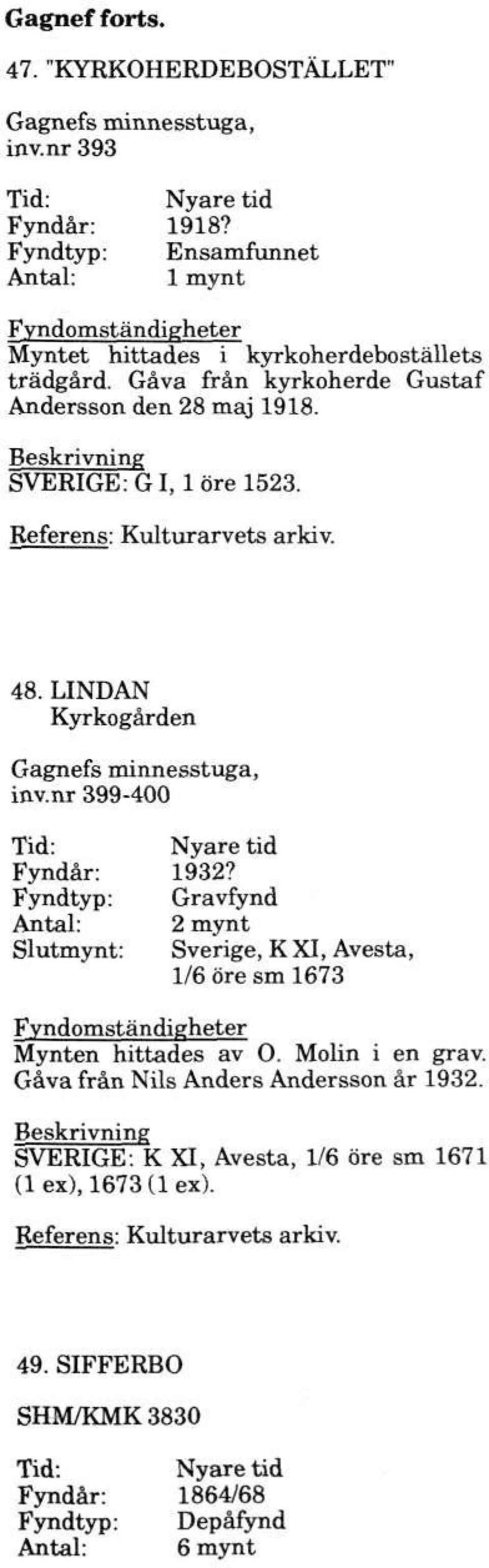 SVERIGE: G 1,1 öre 1523. 48. LINDAN Kyrkogården inv.nr 399-400 Fyndår: 1932?