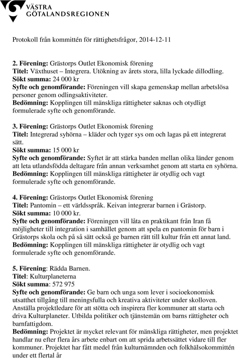 Bedömning: Kopplingen till mänskliga rättigheter saknas och otydligt formulerade syfte och genomförande. 3.