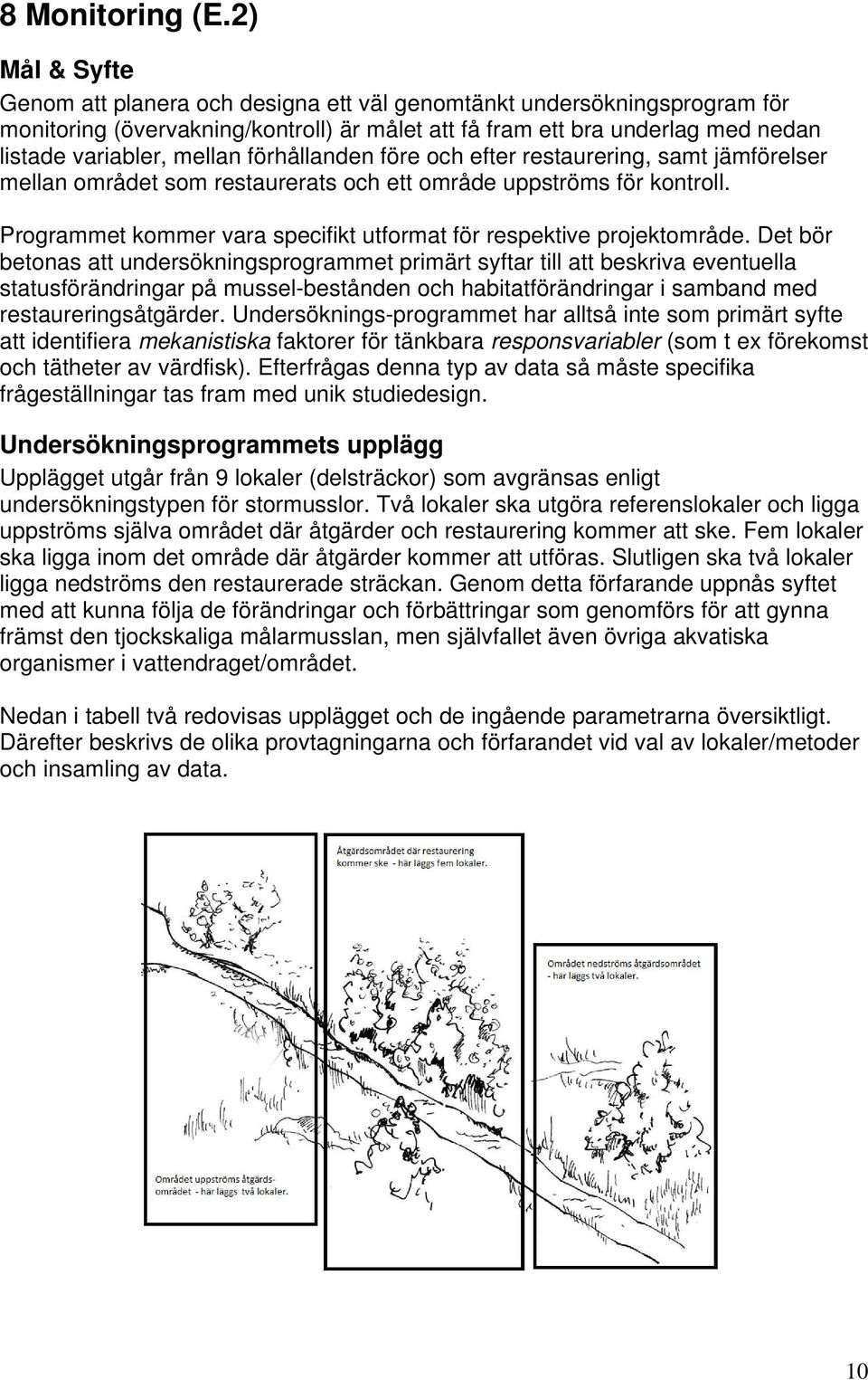 förhållanden före och efter restaurering, samt jämförelser mellan området som restaurerats och ett område uppströms för kontroll.