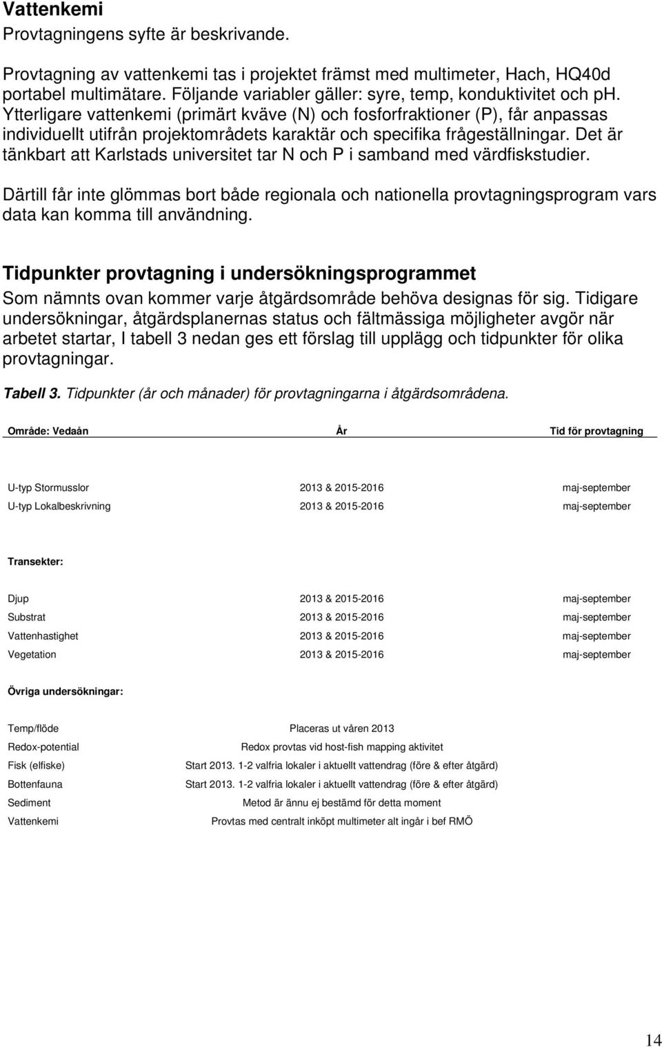 Ytterligare vattenkemi (primärt kväve (N) och fosforfraktioner (P), får anpassas individuellt utifrån projektområdets karaktär och specifika frågeställningar.