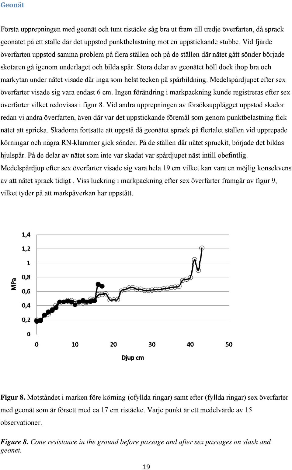 Stora delar av geonätet höll dock ihop bra och markytan under nätet visade där inga som helst tecken på spårbildning. Medelspårdjupet efter sex överfarter visade sig vara endast 6 cm.