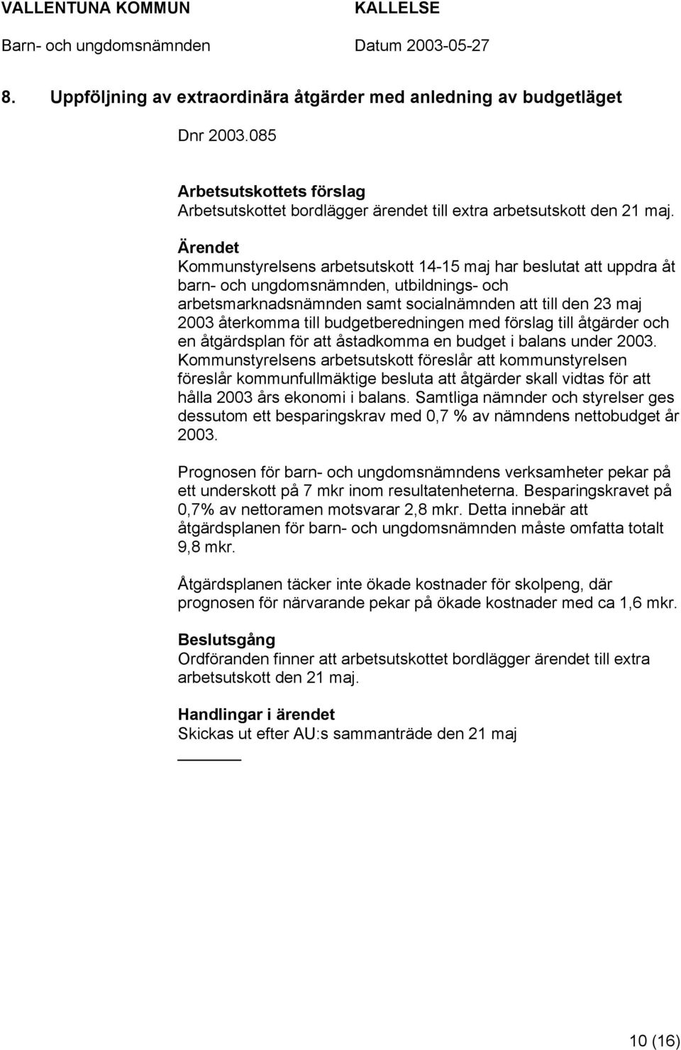 budgetberedningen med förslag till åtgärder och en åtgärdsplan för att åstadkomma en budget i balans under 2003.