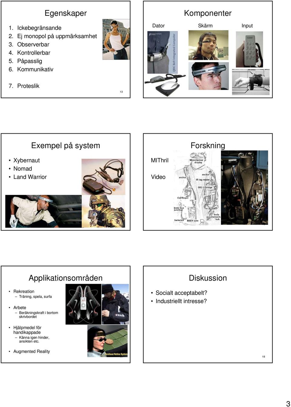 Proteslik 13 14 Exempel på system Forskning Xybernaut Nomad Land Warrior MIThril Video 15 16 Applikationsområden