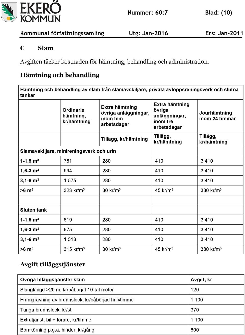 Extra hämtning övriga anläggningar, inom fem arbetsdagar Tillägg, kr/hämtning Extra hämtning övriga anläggningar, inom tre arbetsdagar Tillägg, kr/hämtning Jourhämtning inom 24 timmar Tillägg,