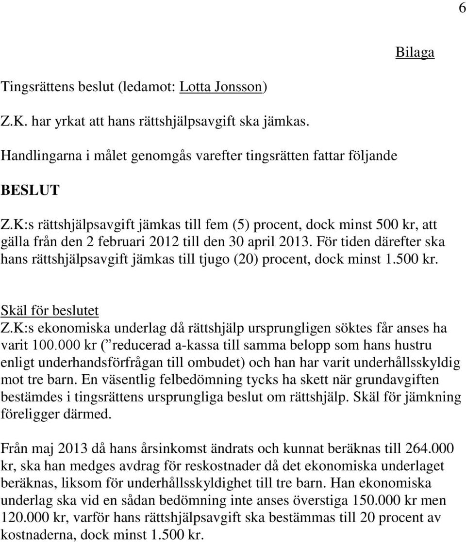 För tiden därefter ska hans rättshjälpsavgift jämkas till tjugo (20) procent, dock minst 1.500 kr. Skäl för beslutet Z.