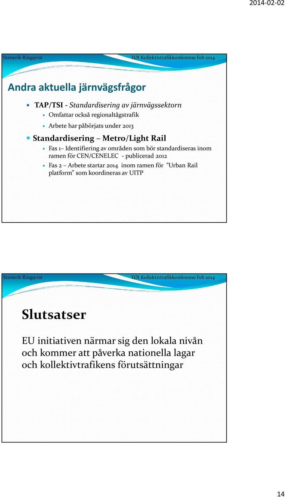 CEN/CENELEC - publicerad 2012 Fas 2 Arbete startar 2014 inom ramen för Urban Rail platform som koordineras av UITP