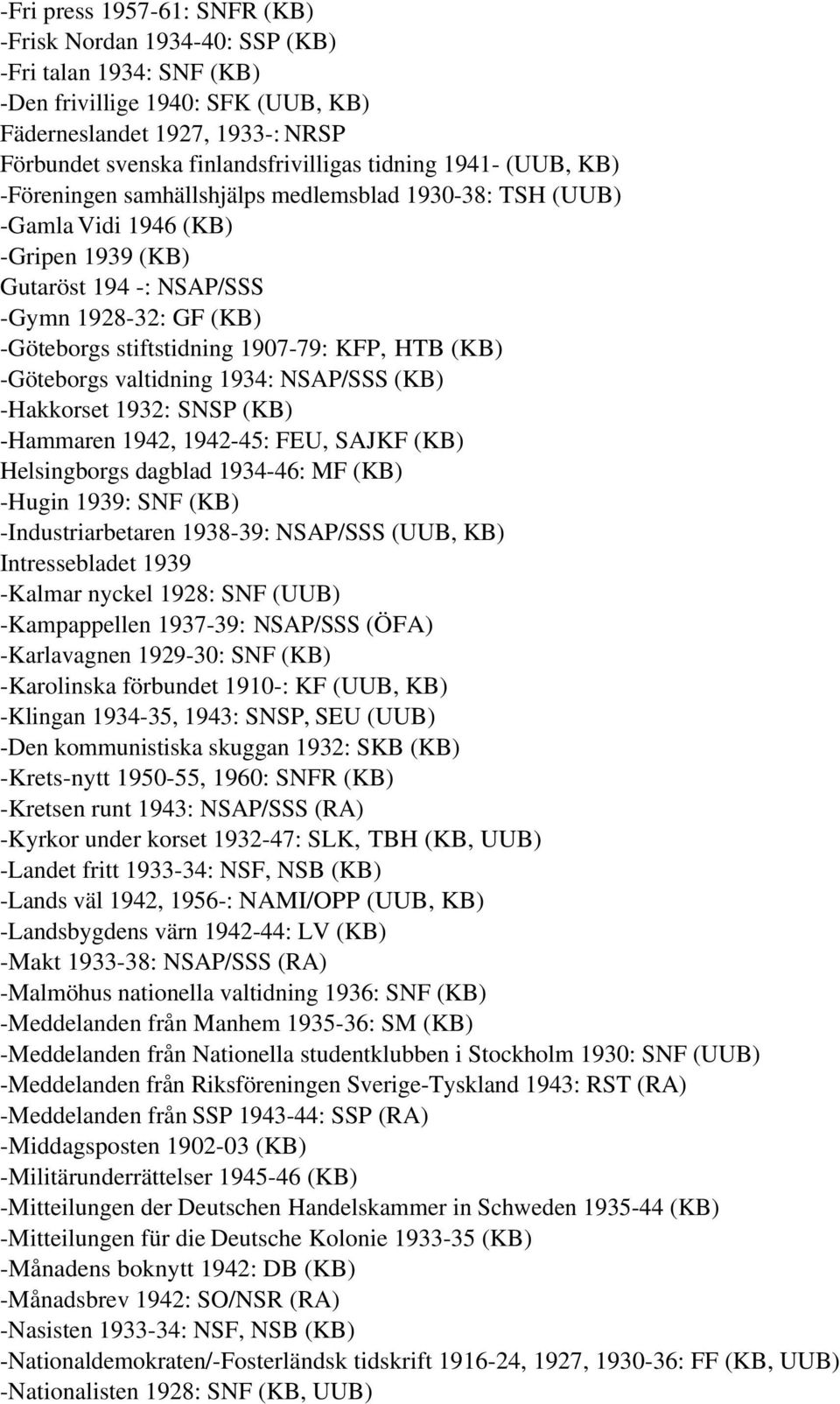 1907-79: KFP, HTB (KB) -Göteborgs valtidning 1934: NSAP/SSS (KB) -Hakkorset 1932: SNSP (KB) -Hammaren 1942, 1942-45: FEU, SAJKF (KB) Helsingborgs dagblad 1934-46: MF (KB) -Hugin 1939: SNF (KB)