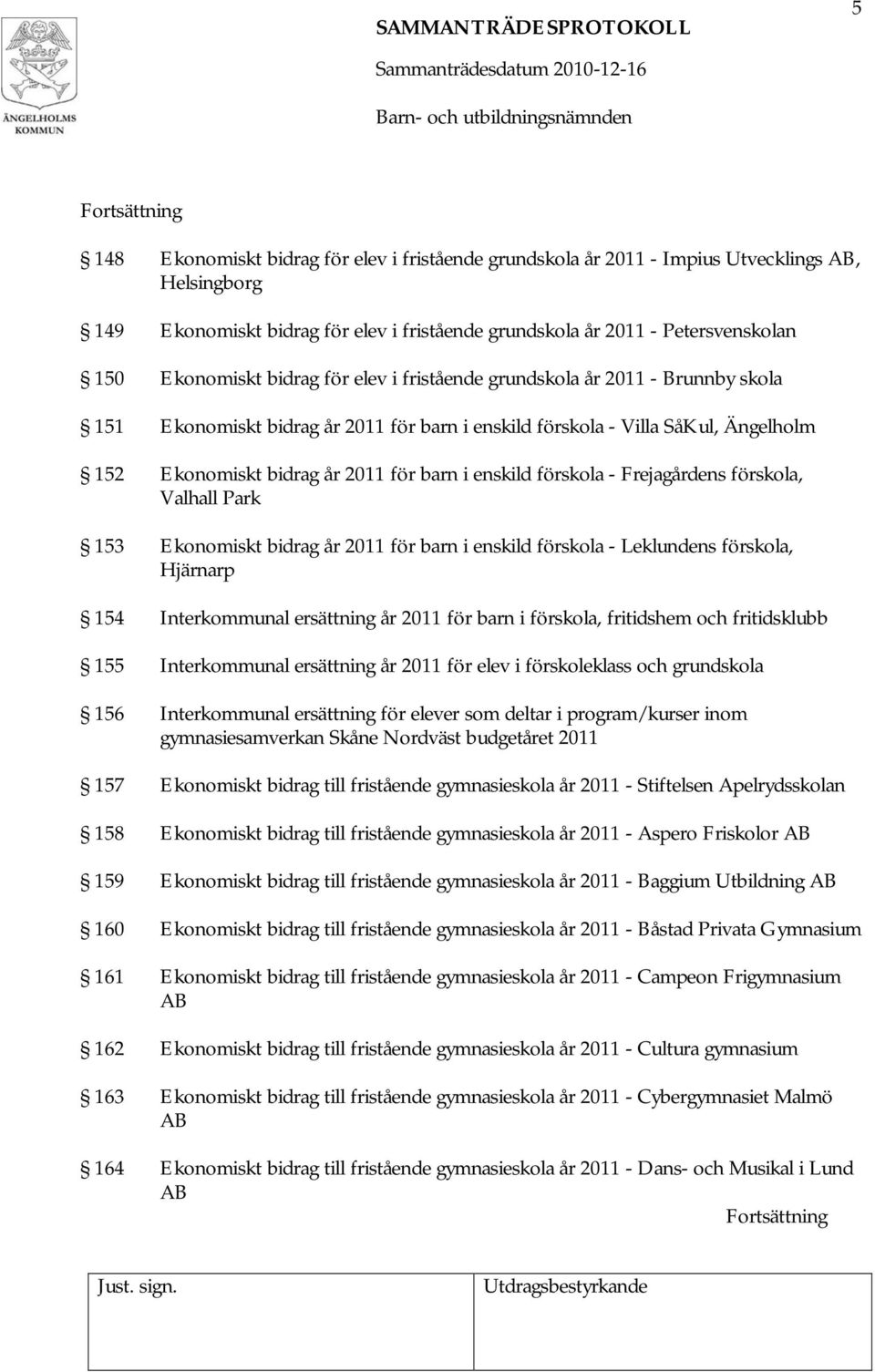 förskola - Frejagårdens förskola, Valhall Park 153 Ekonomiskt bidrag år 2011 för barn i enskild förskola - Leklundens förskola, Hjärnarp 154 Interkommunal ersättning år 2011 för barn i förskola,