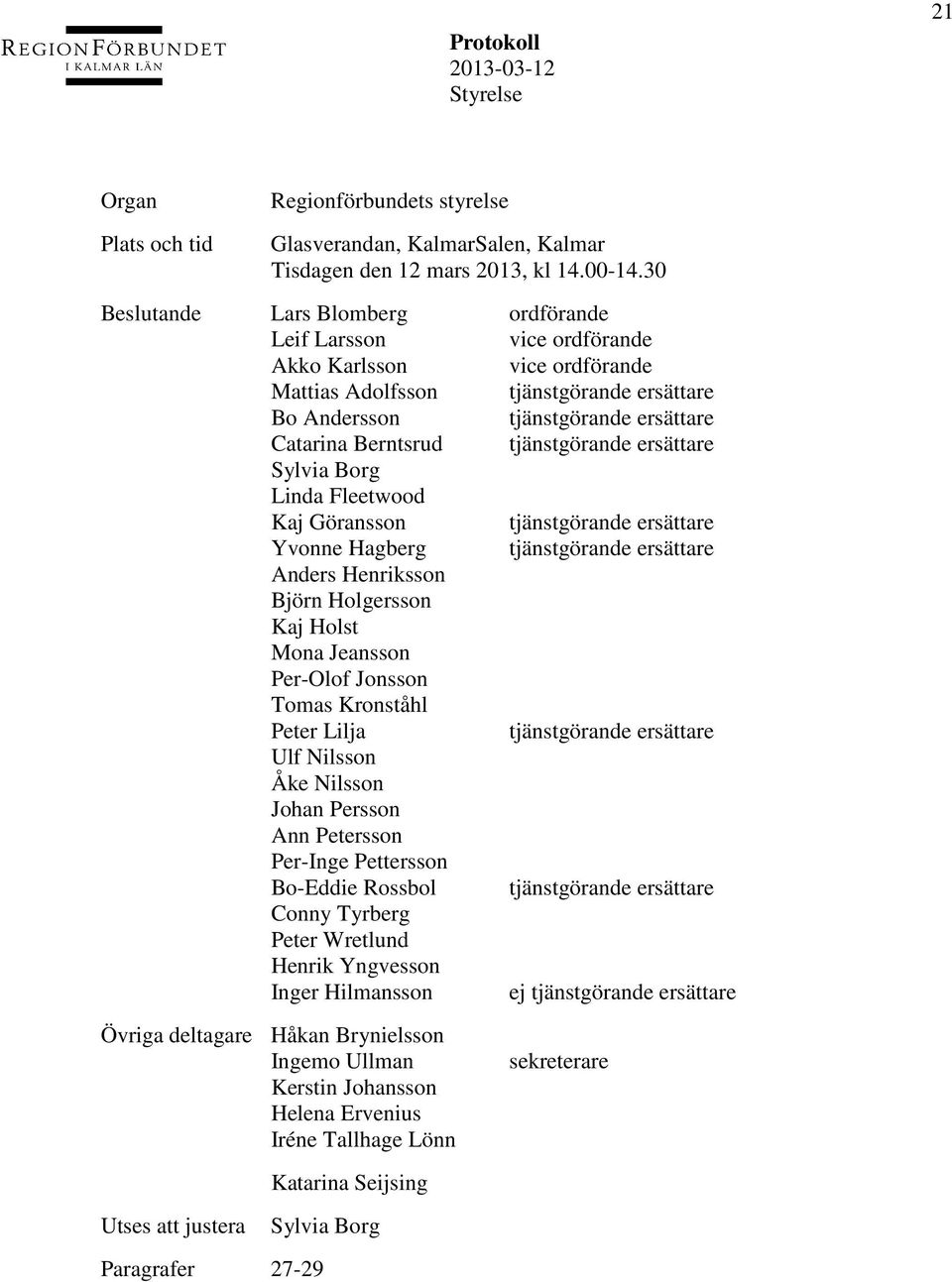 tjänstgörande ersättare Sylvia Borg Linda Fleetwood Kaj Göransson tjänstgörande ersättare Yvonne Hagberg tjänstgörande ersättare Anders Henriksson Björn Holgersson Kaj Holst Mona Jeansson Per-Olof