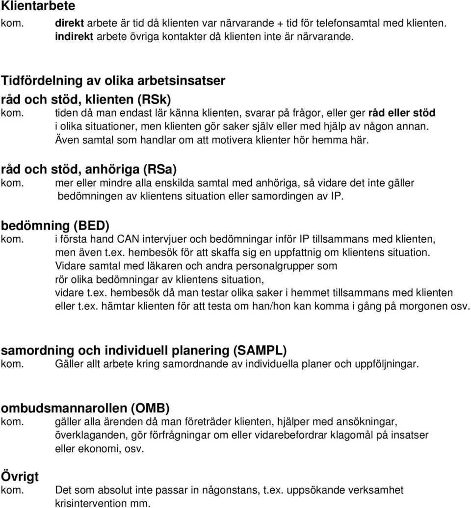 tiden då man endast lär känna klienten, svarar på frågor, eller ger råd eller stöd i olika situationer, men klienten gör saker själv eller med hjälp av någon annan.