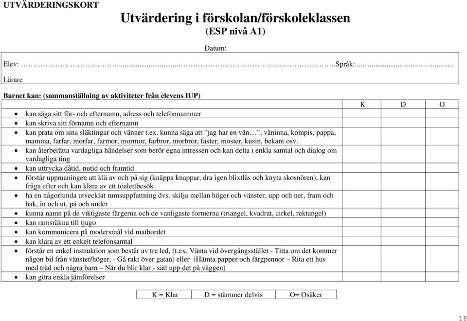 släktingar och vänner t.ex. kunna säga att jag har en vän, väninna, kompis, pappa, mamma, farfar, morfar, farmor, mormor, farbror, morbror, faster, moster, kusin, bekant osv.