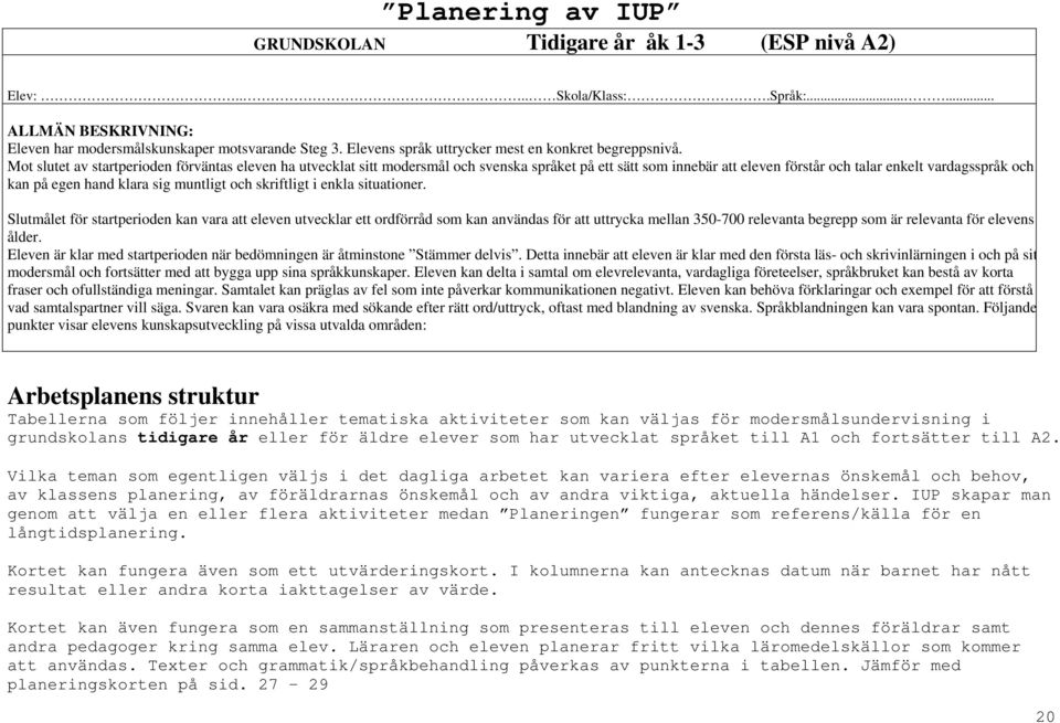 Mot slutet av startperioden förväntas eleven ha utvecklat sitt modersmål och svenska språket på ett sätt som innebär att eleven förstår och talar enkelt vardagsspråk och kan på egen hand klara sig