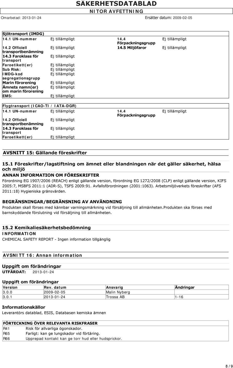 4 Förpackningsgrupp 14.2 Officiell transportbenämning 14.3 Faroklass för transport Faroetikett(er) AVSNITT 15: Gällande föreskrifter 15.