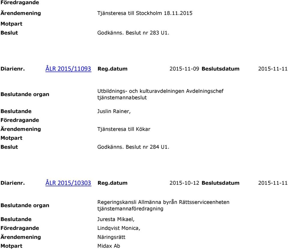 Tjänsteresa till Kökar Godkänns. nr 284 U1. Diarienr. ÅLR 2015/10303 Reg.