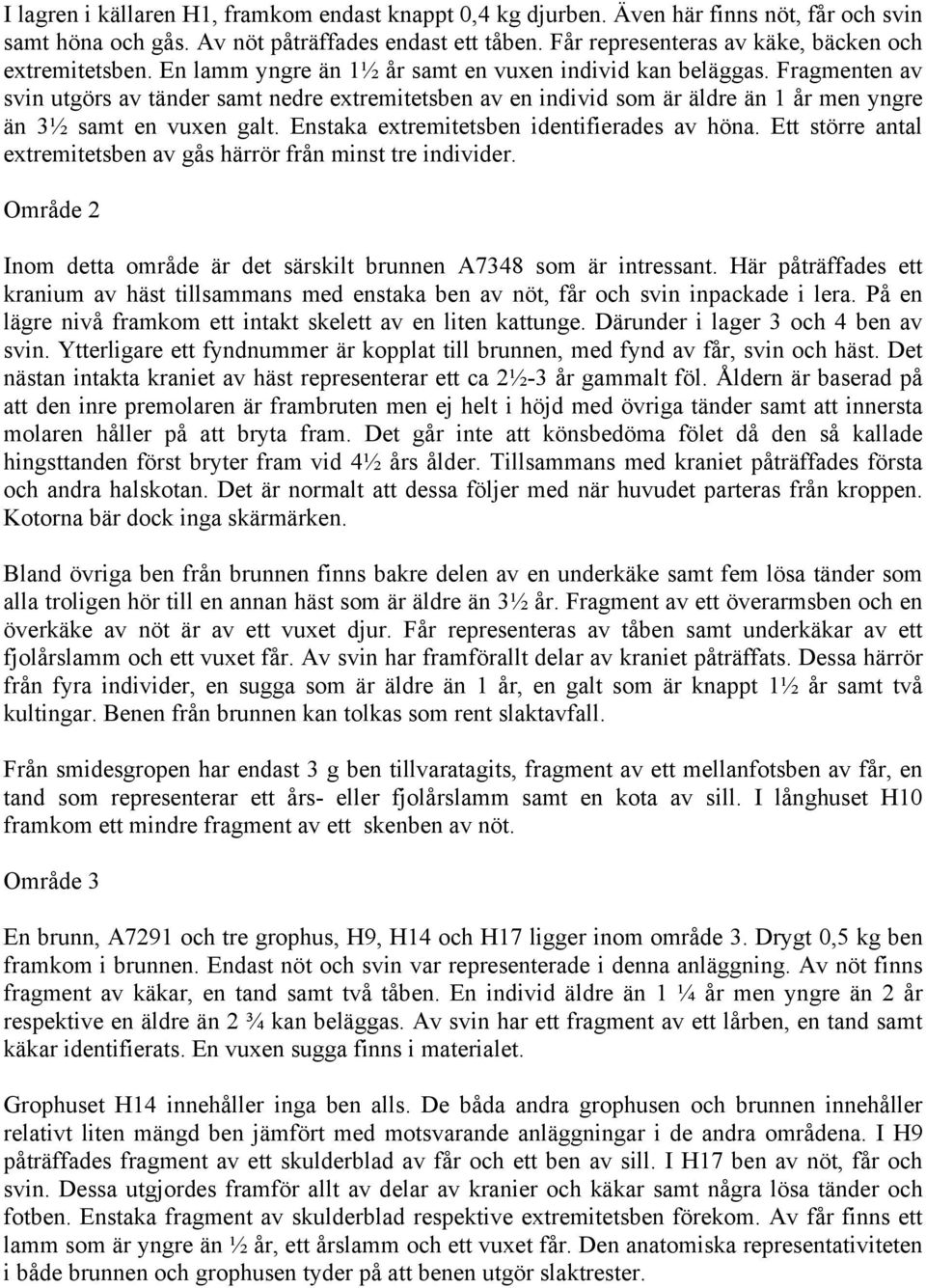 Fragmenten av svin utgörs av tänder samt nedre extremitetsben av en individ som är äldre än 1 år men yngre än 3½ samt en vuxen galt. Enstaka extremitetsben identifierades av höna.