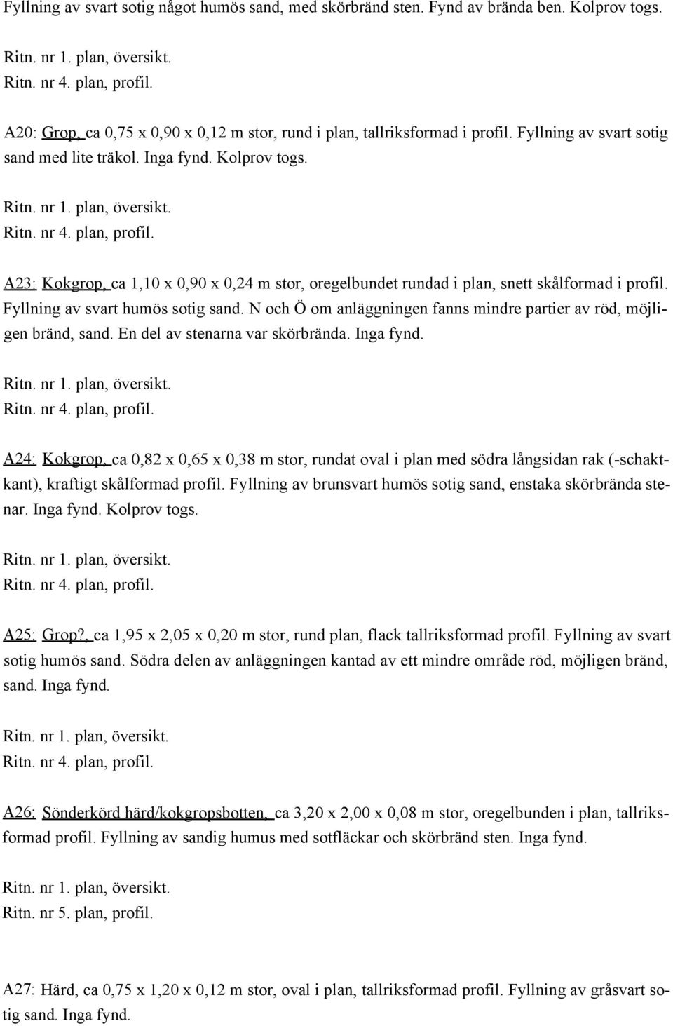 Fyllning av svart humös sotig sand. N och Ö om anläggningen fanns mindre partier av röd, möjligen bränd, sand. En del av stenarna var skörbrända. Inga fynd. Ritn. nr 4. plan, profil.